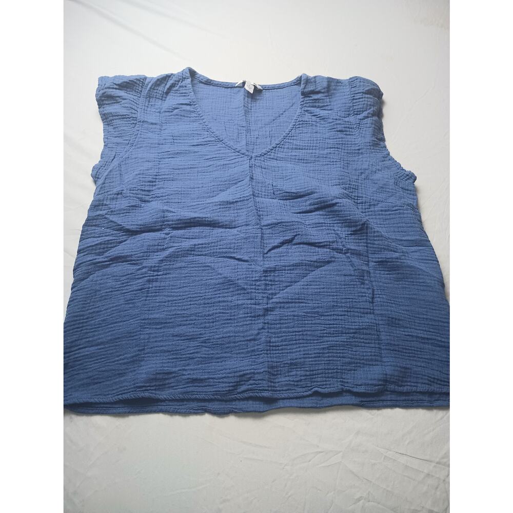 Three Dots Gauze Blue V-Neck Top Women‎ Size Large Boho Cotton